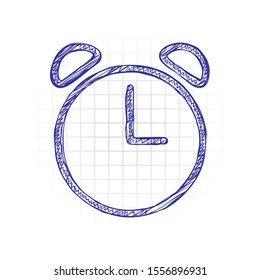 Alarm clock. Linear, thin outline. Hand drawn sketched picture with scribble fill. Blue ink. Doodle on white background