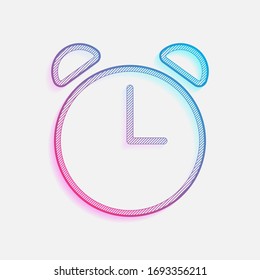 Alarm clock. Linear, thin outline. Colored logo with diagonal lines and blue-red gradient. Neon graphic, light effect