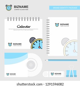 Alarm clock Logo, Calendar Template, CD Cover, Diary and USB Brand Stationary Package Design Vector Template