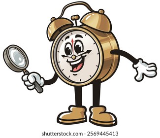 Alarm Clock with magnifying glass,      Cartoon Character Mascot Illustration Vector Clip-art Hand-drawn Logo Design