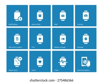 Alarm clock, mail in smart watch icons on blue background. Vector illustration.