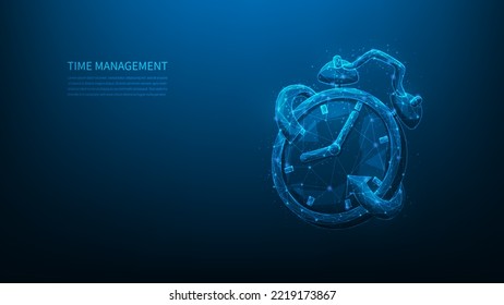 alarm clock management digital technology.business time planning low poly wireframe. working time and organization efficiency.project deadline concept. wake up on blue background. vector illustration.