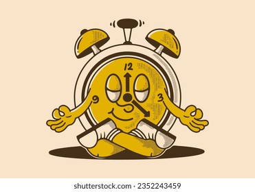 alarm clock mascot character in meditation pose, design in vintage style