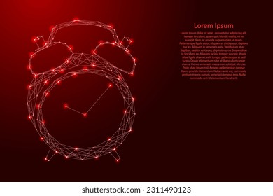 Alarm clock mechanical, from futuristic polygonal red lines and glowing stars for banner, poster, greeting card. Low poly concept. Vector illustration.