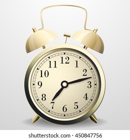 Alarm clock. Mechanical table clock with arrows, dial and metal bell percussion.