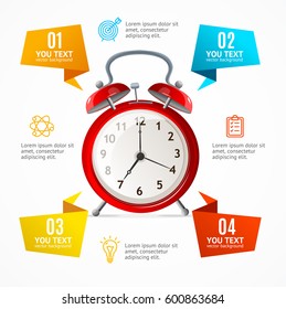 Alarm Clock Menu Infographic Option Banner Card Symbol of Deadline. Vector illustration