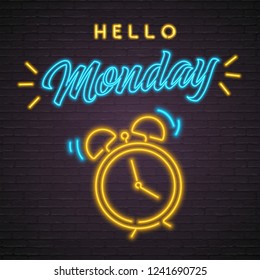 Alarm Clock Monday Neon Light Glowing Vector Illustration with Dark Background