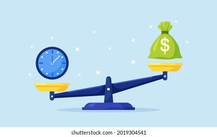 Alarm Clock and Money bag on balance scales. Metaphor of Time is money. Annual revenue, financial investment, savings, bank deposit, future income, money benefit. Vector illustration