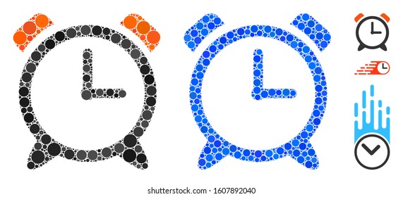 Alarm clock mosaic of filled circles in various sizes and shades, based on alarm clock icon. Vector small circles are composed into blue mosaic. Dotted alarm clock icon in usual and blue versions.