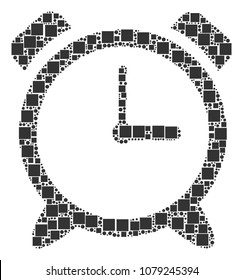 Alarm Clock mosaic icon of square figures and round items in various sizes. Vector items are combined into alarm clock collage design concept.