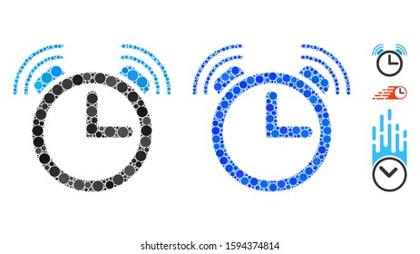 Alarm clock mosaic of spheric dots in various sizes and shades, based on alarm clock icon. Vector dots are composed into blue mosaic. Dotted alarm clock icon in usual and blue versions.