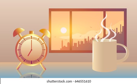 Alarm clock and mug of hot coffee near window at morning sunrise in big city.