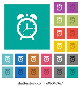 Alarm clock multi colored flat icons on plain square backgrounds. Included white and darker icon variations for hover or active effects.