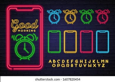 Alarm Clock Neon Light Glowing Vector Illustration. Neon Light, Neon Logo, Sign Editable. Set Phone and Clock Icons Neon Light