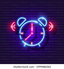 Alarm clock neon sign. Clock glowing icon. Vector illustration for design. Day regimen concept.