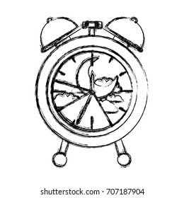 alarm clock with night moon landscape inside decorative blurred silhouette on white background vector illustration
