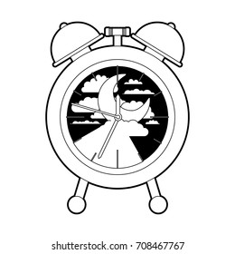 alarm clock with night moon landscape inside decorative black color section silhouette on white background vector illustration
