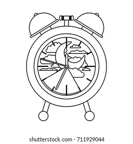 alarm clock with night moon landscape inside decorative sketch silhouette on white background vector illustration