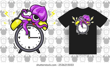 Reloj despertador y diseño de Ilustración vectorial de dibujos animados de pulpo, con fondo de patrón de arte de línea y silueta de reloj despertador, eps 10, editable.
