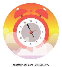 An alarm clock on the background of a sunset hiding in the fog indicates the time.