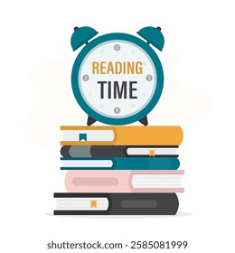 Alarm clock on books. Reading time concept. Time to study, enjoying good book, learning. Stack of various books with watch. Education, time management, study schedule. flat vector illustration