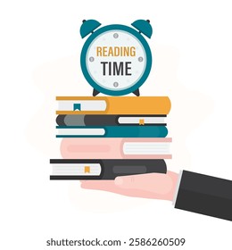 Alarm clock on books. Reading time concept. Time to study, enjoying good book, learning. Businessman or teacher hand give stack of various books with watch. Education, time management. flat vector