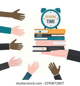 Alarm clock on books. Reading time concept. Time to study, learning. Businessman or teacher hand give stack of various books with watch. Various multi ethnic hands want catch books and read. Education