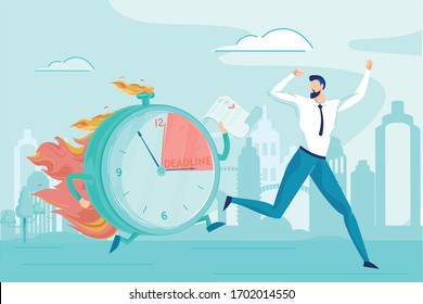 Alarm-Uhr auf Feuer mit Arbeit Aufgabenliste Verfolgung Geschäftsmann auf Straße Vektorillustration Illustration. Man Office Worker Run from Burning Countdown Timer. Terminerinnerungskonzept Zeitmanager-Problem