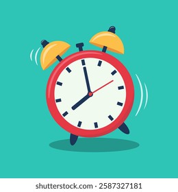 Alarm clock on mint background. Wake up timer clock. Morning timer clock cartoon design. Ringing watch. Vector illustration.