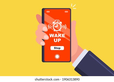 an alarm clock on a mobile phone vibrates in a man hand. flat vector illustration