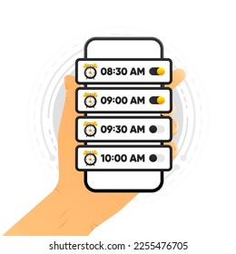 Alarm clock on mobile. Wake up time. Loud signal to wake up in the morning. Getting up in the morning or waking up. Vector illustration.