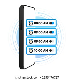 Reloj de alarma en el móvil. Despierten tiempo. Señal fuerte para despertar en la mañana. Levantarse por la mañana o despertarse. Ilustración vectorial.