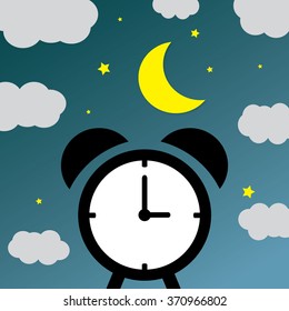 alarm clock on night background with clouds, moon and stars - vector illustration