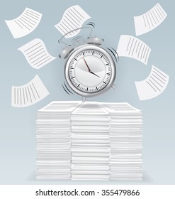 Alarm clock on pile of papers, business concept, vector