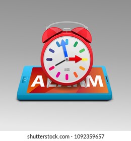 Alarm clock on smartphone screen vector illustration.