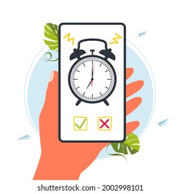Wecker auf Smartphone-Bildschirm in der Hand. Hand, die Smartphone mit Wecker auf dem Display hält. Mobiltelefon auf isoliertem weißem Hintergrund. Vektorgrafik.
