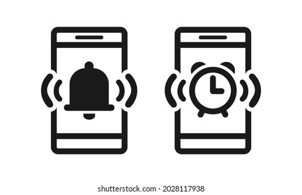 Alarm clock on smartphone screen. Mobile phone with notification bell icon. Alarm clock, reminder sign symbol. Wake up time settings. Illustration vector