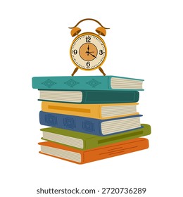 Reloj despertador en una pila de libros en tapa dura de color. Apilar literatura de ficción y libros de texto. Concepto de Educación. Ilustración vectorial dibujada a mano aislada en el fondo blanco, estilo plano de la historieta.