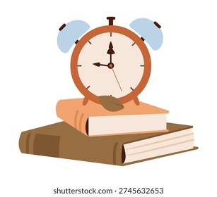 Alarm Clock on Stack of Books. Education and study time management concept for school and academic projects. Back to school. Flat vector illustration.