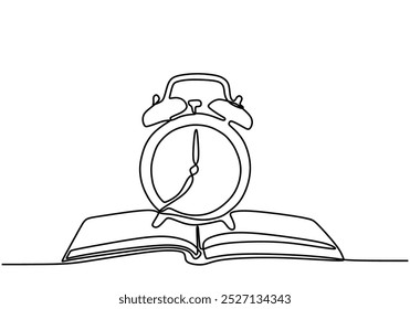 Relógio despertador sobre um livro aberto em um desenho de linha contínua. Design minimalista para conceitos de estudo e gerenciamento de tempo. Ilustração simplificada desenhada à mão.