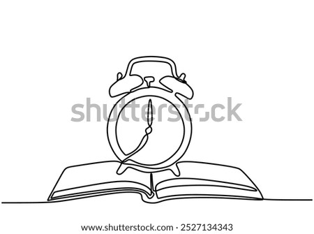 Alarm clock on top of an open book in one continuous line drawing. Minimalist design for study and time management concepts. Simplified hand-drawn illustration.