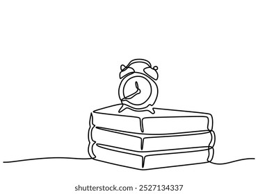 Alarm clock on top of a stack of books in one continuous line drawing. Minimalistic design for time management and study concepts. Simplified hand-drawn linear art.