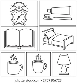 Alarm clock open book hot drinks bed toothbrush and toothpaste lamp time morning wake