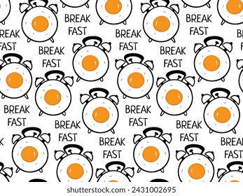 alarm clock outline and Fried egg, breakfast seamless pattern. Background for breakfast menu, cafe, restaurant. wrapping paper, package design. Food background. Cartoon doodle style