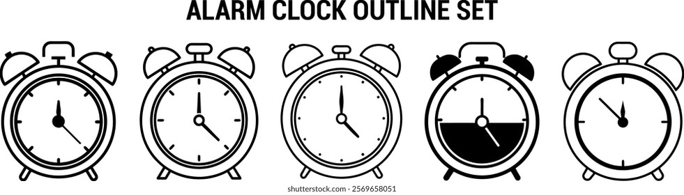 Alarm clock outline vector, Hand drawn set of clock silhouette, Big clock set, Decorative timer clock vector art isolated