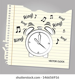 alarm clock over leaf notebook background vector illustration 