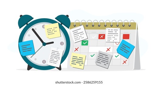 Alarm clock and paper planner with sticky paper notes. Time and task management concept. Business organization, schedule, work plan, notifications, monthly calendar, stickers. flat vector illustration