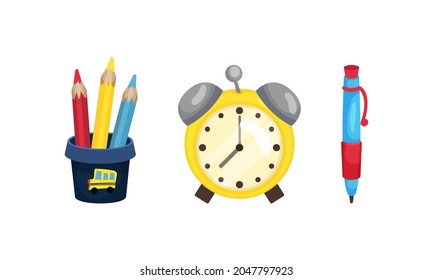 Alarm Clock and Pen as Back to School Symbol and Stationery Object Vector Set