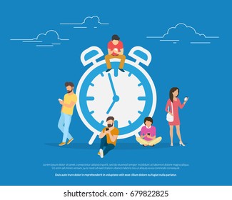 Alarm clock and people concept vector illustration of young people using smartphones for setting up morning alarm app notification. Flat people standing and sitting near big clock symbol