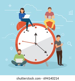 Alarm clock and people concept vector illustration of young people using smartphones for setting up morning alarm app notification. Flat people standing and sitting near big clock symbol